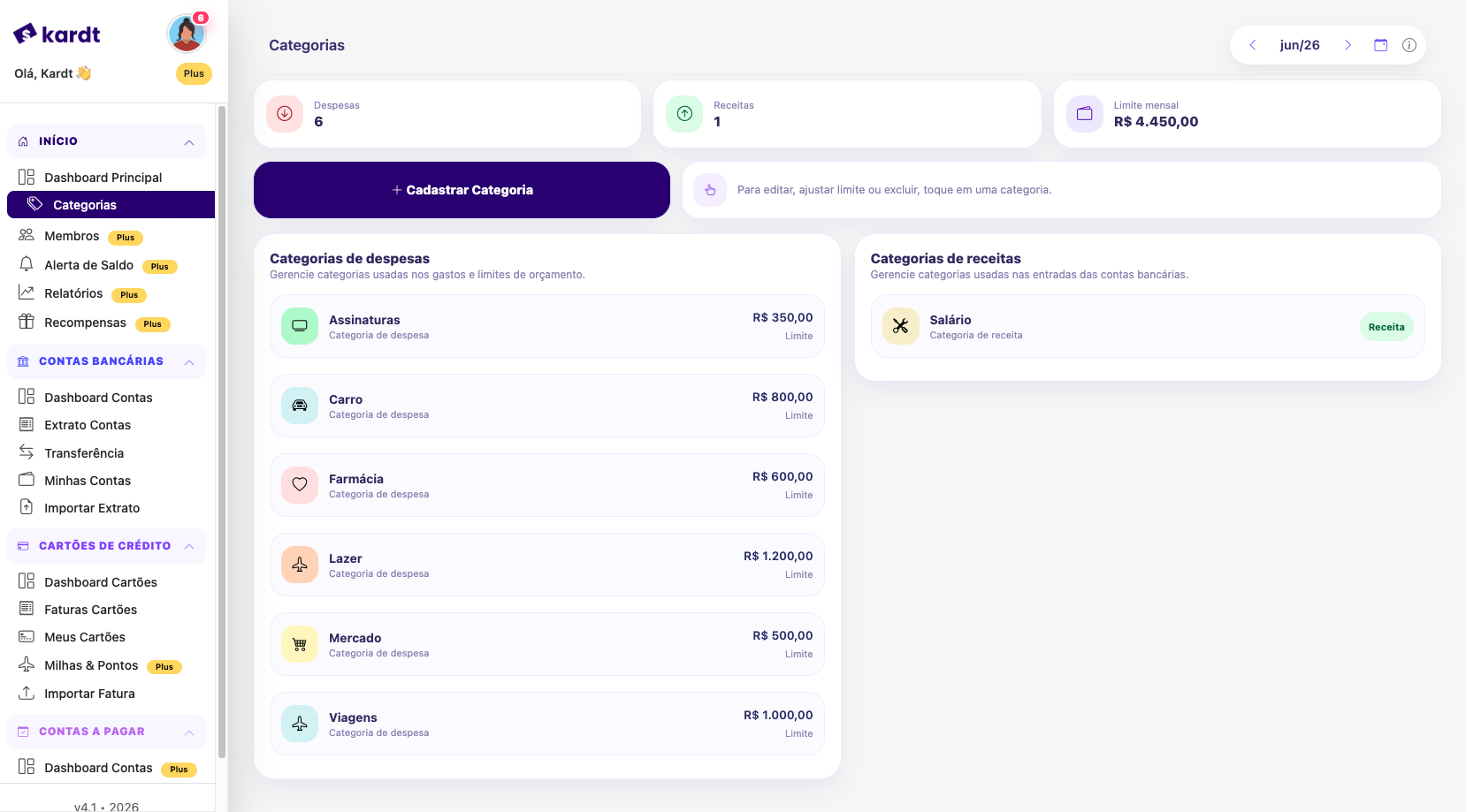 Categorias e orçamentos no Kardt web
