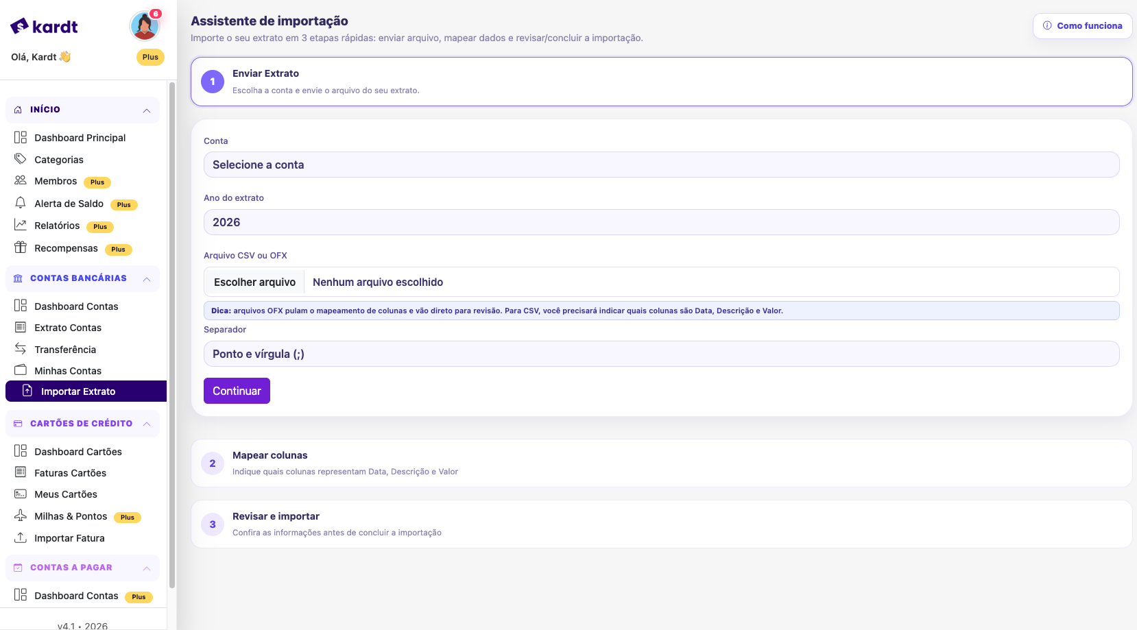 Importação de extratos e faturas no Kardt web