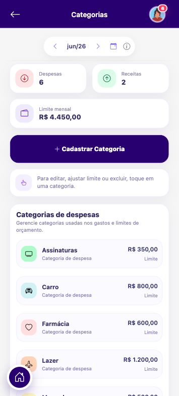 Categorias e orçamentos no Kardt mobile