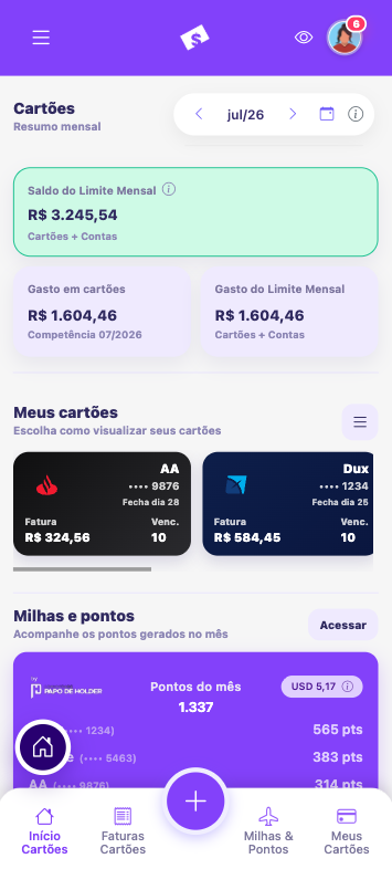 Cartões cadastrados no Kardt mobile