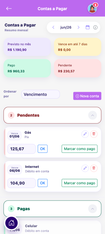 Contas e compromissos no Kardt mobile