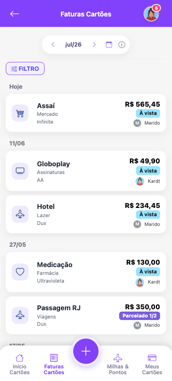 Extratos de contas e faturas dos cartões no Kardt mobile