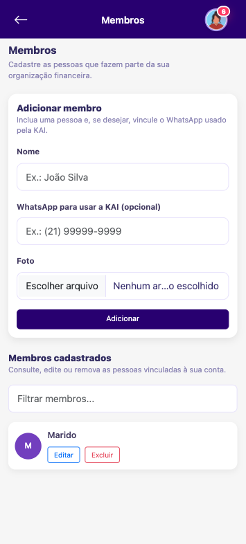 Gestão mobile de membros da família no Kardt