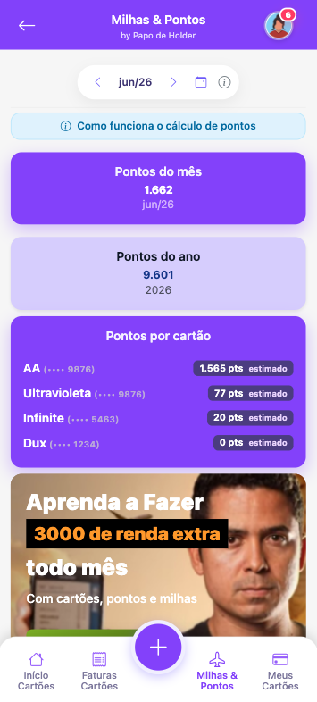 Painel mobile de cartões com pontos e milhas do Kardt
