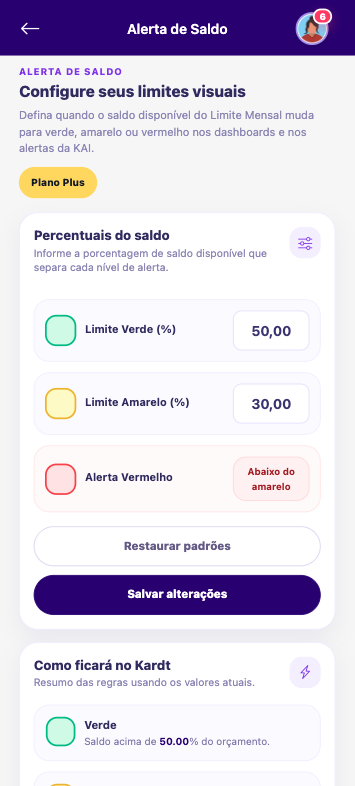 Configuração mobile de categorias e alertas do Kardt