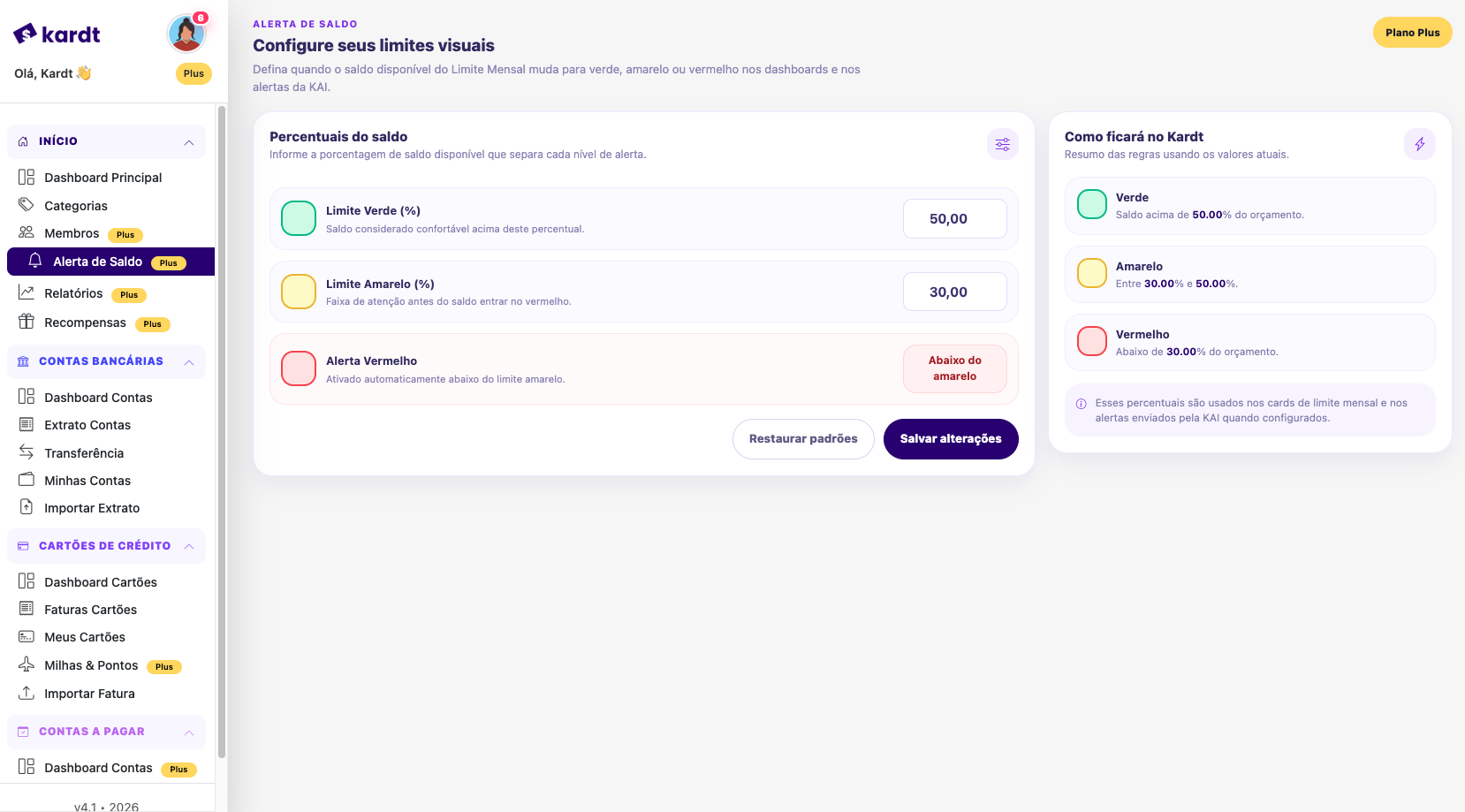 Configuração web do alerta de saldo do Kardt